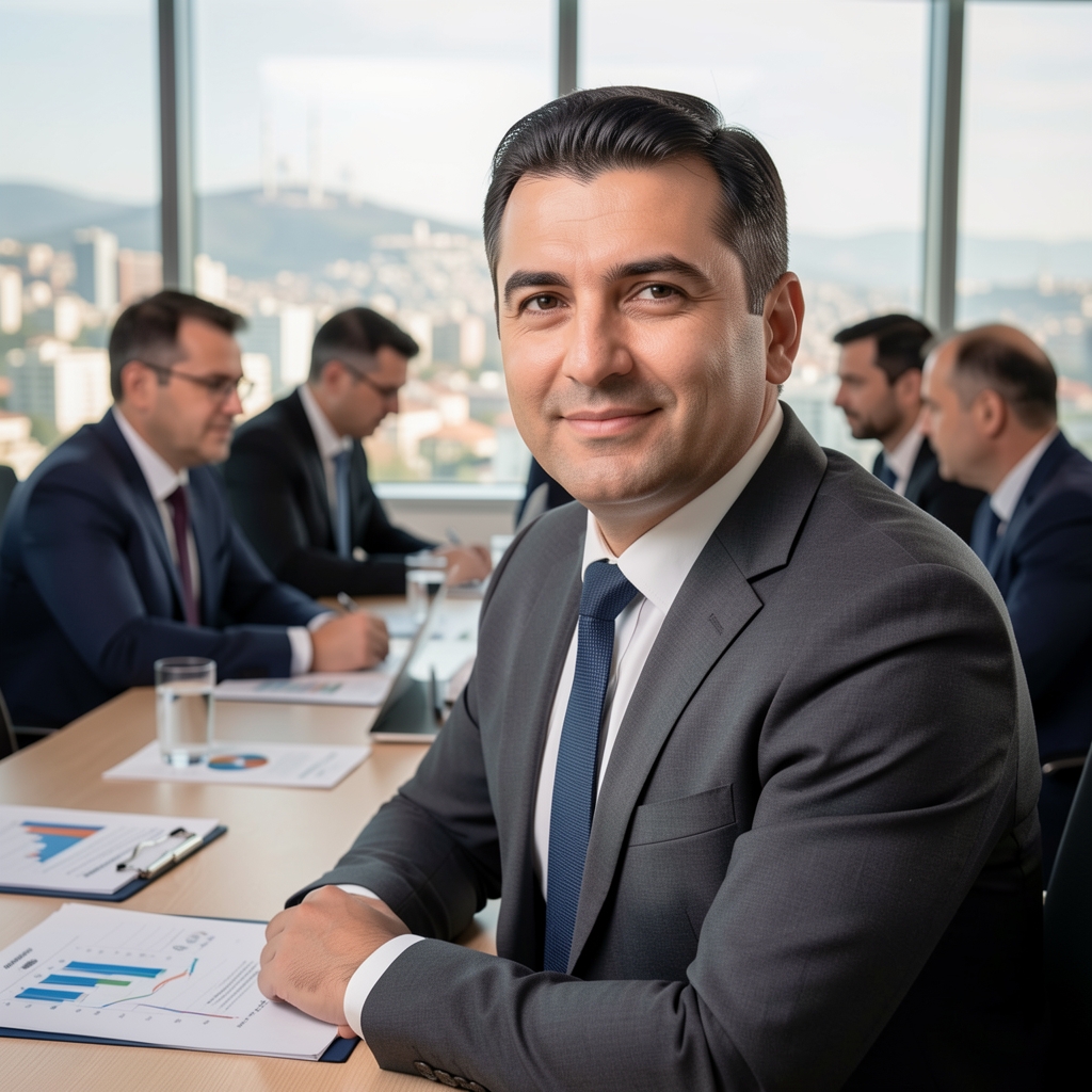 Modern cam ofis binasında toplantı masasında ekonomi uzmanları ekibi çalışırken, etraflarında grafik ve analiz belgeleri, Ankara şehir manzarası arka planda