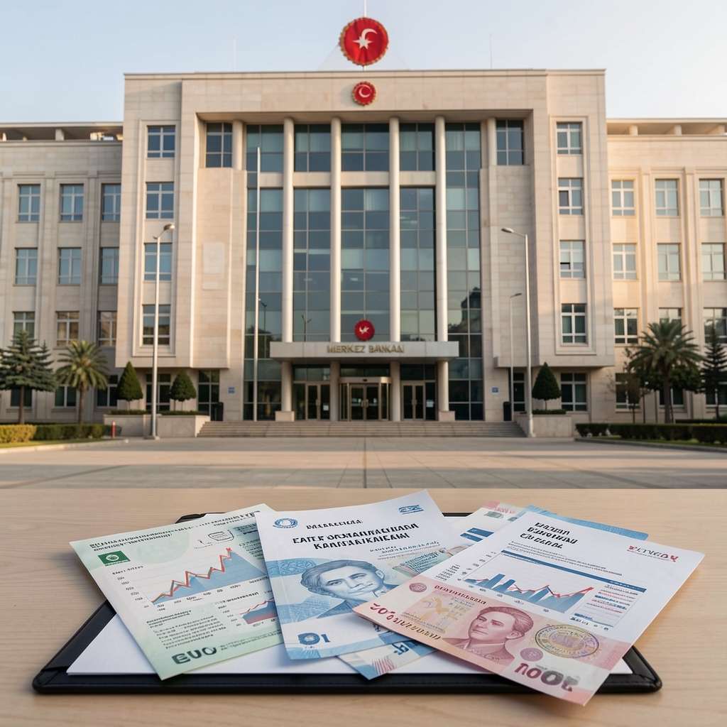 Türkiye Merkez Bankası binası önünde grafik ve faiz kararı belgeleri, para politikası kararını gösteren analitik sunum görseli