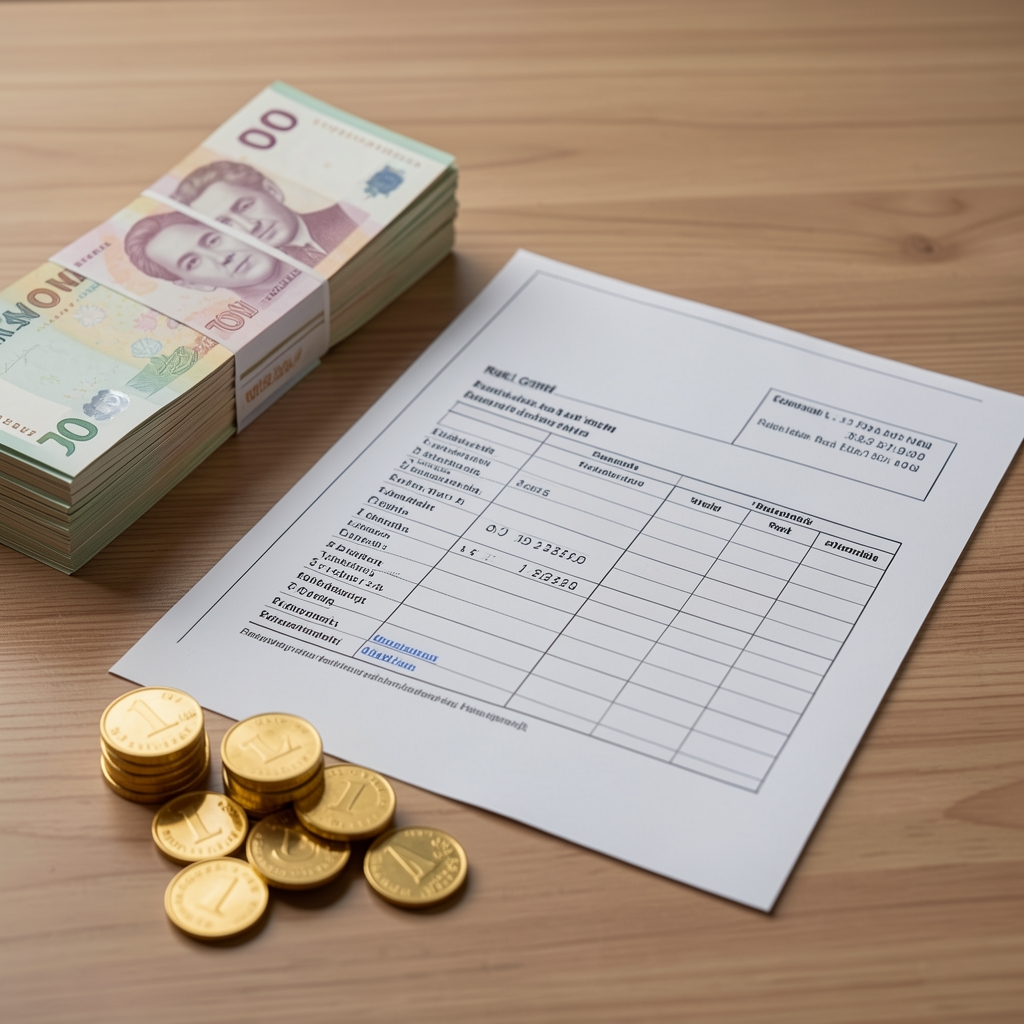 Türk lirası banknot yığınları ve altın külçelerinin yanında reel getiri hesaplama kağıdı, enflasyon korumalı tasarruf araçlarını temsil eden masa üstü düzenleme