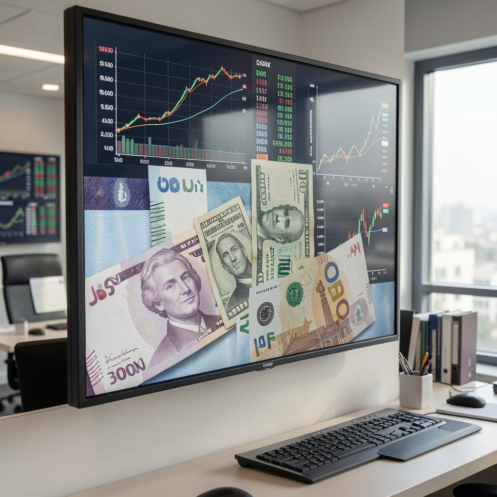 Döviz kuru değişimlerini gösteren büyük ekran önünde oturan finans analisti, Türk lirası ve dolar sembolleri içeren grafik