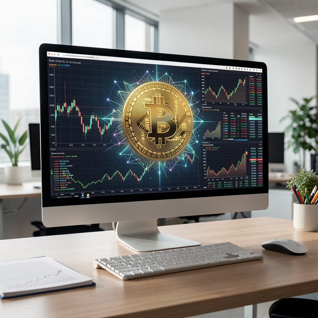 Dijital kripto varlık sembolleri, Bitcoin logosu ve blockchain ağ görseli, bilgisayar ekranında kripto fiyat grafikleri ile modern teknoloji ofis ortamı