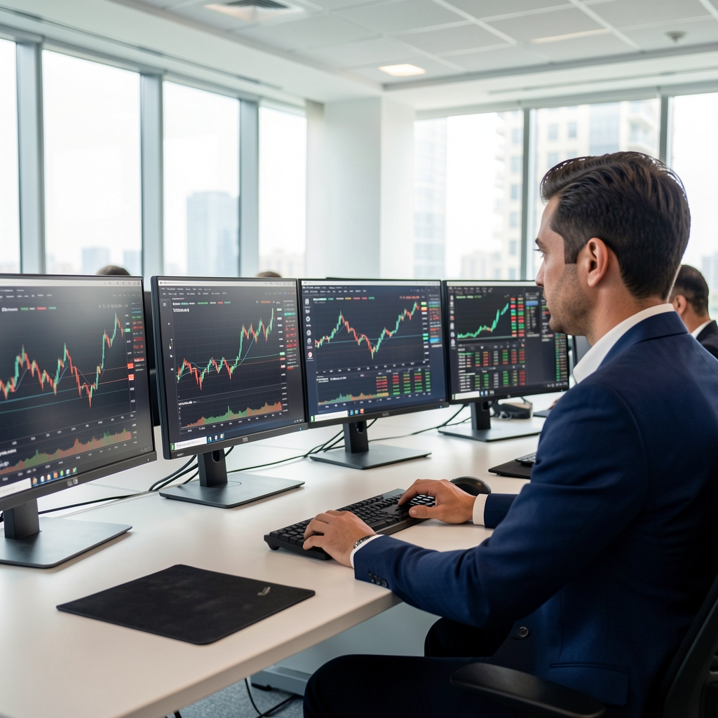 Modern bir ekonomi analiz merkezinde birden fazla monitörde finansal grafikleri ve Türkiye ekonomi verilerini inceleyen bir analist