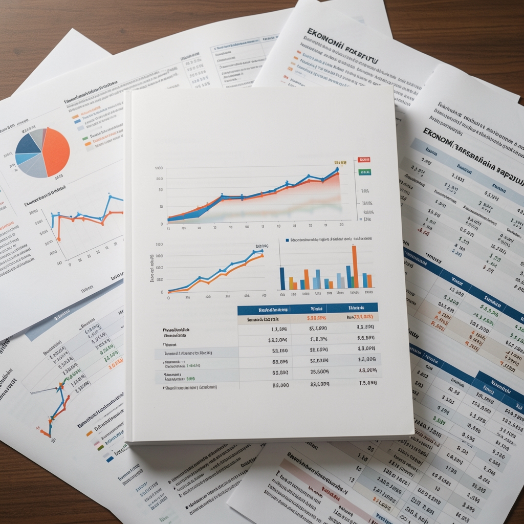 Ekonomi araştırma raporu kapağı, grafikler ve istatistiksel tablolarla dolu belgelerin üstten görünümü, Türkiye enflasyon verileri